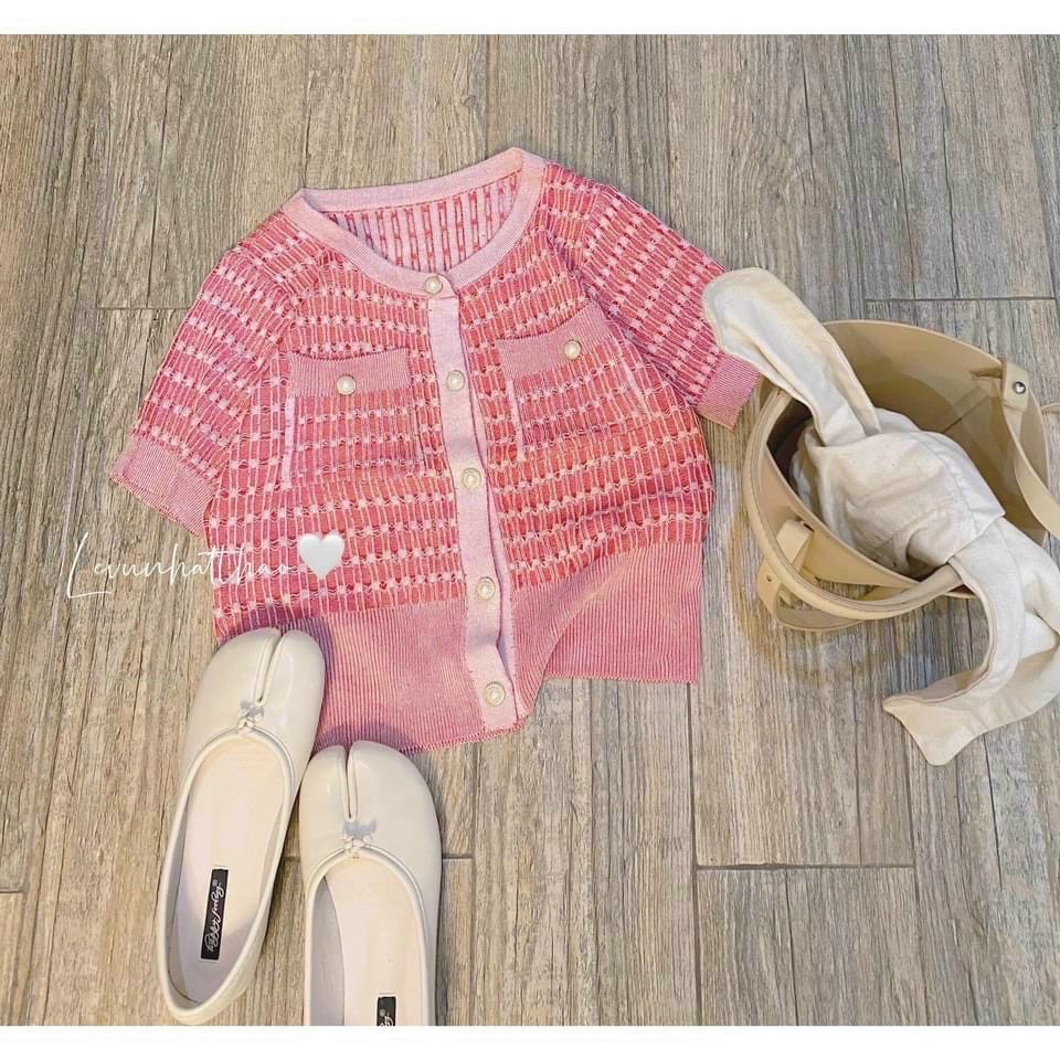 Áo len tăm túi ngực ngắn tay, Áo kiểu cúc giữa cổ tròn co giãn AS8018 - NhiNhi Shop | BigBuy360 - bigbuy360.vn