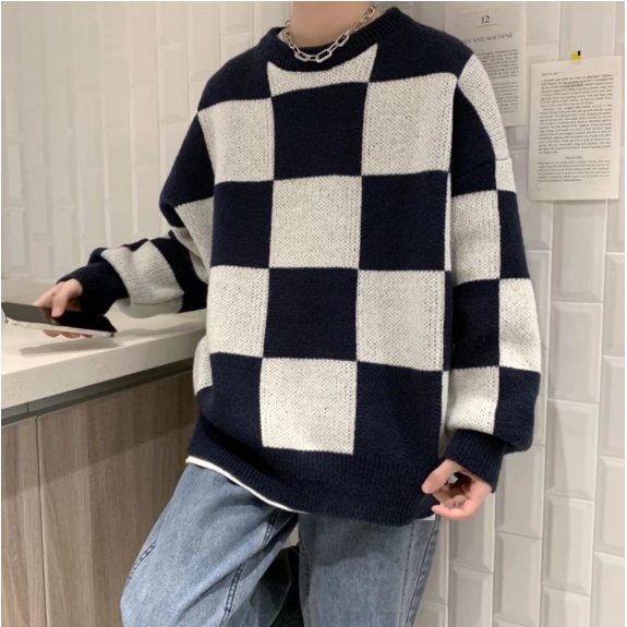 Áo Sweater Cổ Tròn Dáng Rộng Họa Tiết Sọc Caro Thời Trang Cho Nam simple áo thun nam tay dài Hàn Quốc áo thun nam đẹp dài tay fashion áo thun tay lỡ form rộng