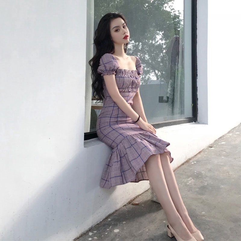 Đầm Đuôi Cá Cổ Vuông Họa Tiết Sọc Caro Phong Cách Retro | BigBuy360 - bigbuy360.vn