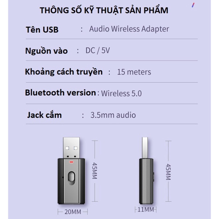 USB Bluetooth 5.0 Đa chức năng thu-phát âm thanh Aux Rca cổng cắm Usb 3.5mm cho PC-laptop-TV-Xe Hơi,loa thường=&gt; có BLT