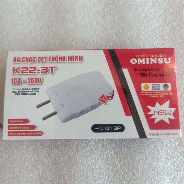 Ba chạc dẹt OMINSU chịu tải 2200W chia ổ điện làm 3 ổ cắm (phích cắm chia 3)