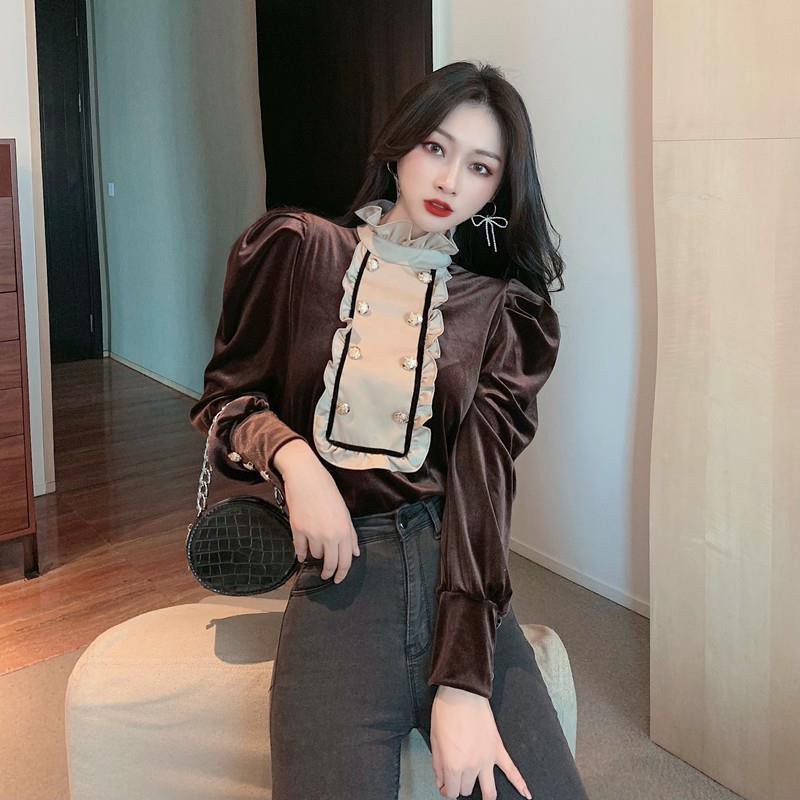Áo sơ mi cổ đứng phối màu tương phản thời trang xuân thu 2021
