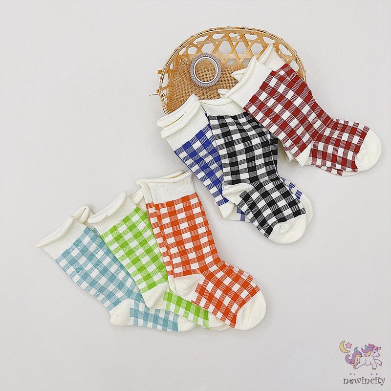 3 Đôi tất bằng cotton Họa tiết kẻ sọc ca rô màu kẹo phong cách hàn quốc size vừa cho bé trai và bé gái