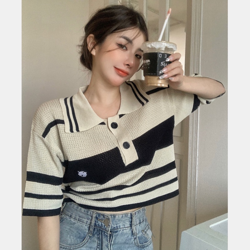 Áo Thun Polo Dệt Kim Tay Ngắn Dáng Rộng Kẻ Sọc Ngang Trẻ Trung Hợp Thời Trang