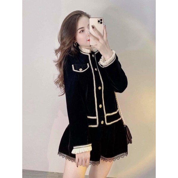 [A.M BIGSIZE] Áo khoác nhung 2 lớp viền ren cổ bèo sang chảnh 60-92kg | BigBuy360 - bigbuy360.vn