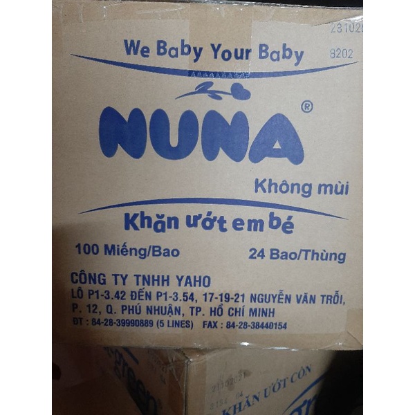 24 gói  khăn giấy ướt Nuna 100 tờ. Date mới. Cam kết hàng chính hãng.