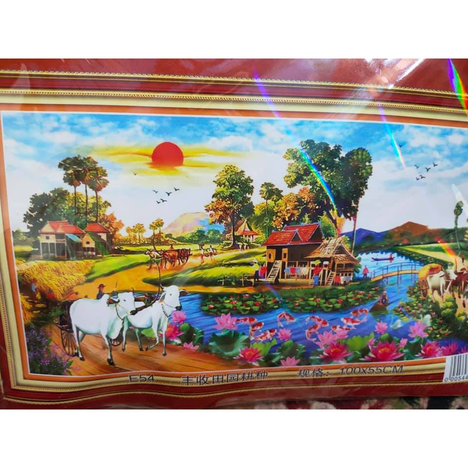 Tranh thêu chữ thập phong cảnh đồng quê 100*55cm