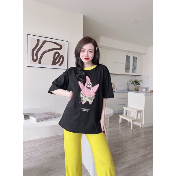 Set áo cotton đen phối cổ hình thêu quần suông gân