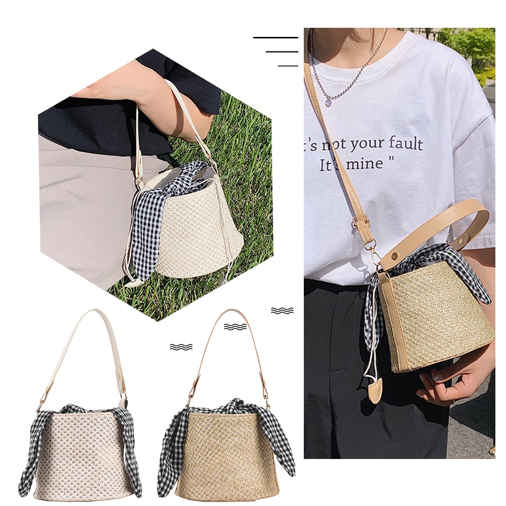 fiesta_Vintage Women PU Woven Crossbody Bag Beach Mini Bow Bucket Handbags Purse