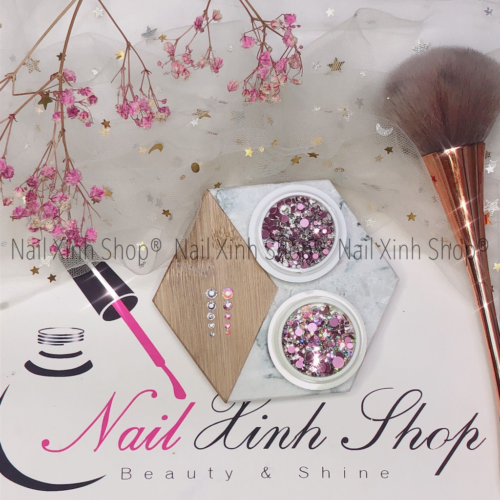 Đá trang trí móng, đá nail hộp tròn, phụ kiện nail, trang trí mong tay cao cấp 2020 (đá cắt 6D, đa giác, sáng -đẹp)