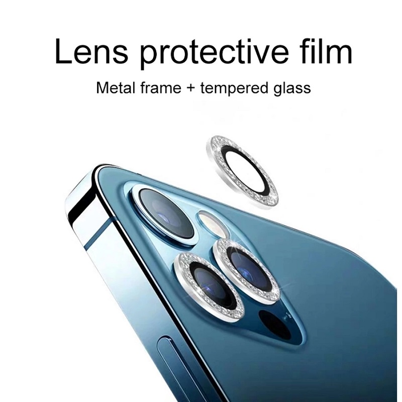 Kính Cường Lực Bảo Vệ Camera Viền Kim Loại Đính Đá Lấp Lánh Cho iPhone 13 Pro Max iPhone 11 Pro Max 12Mini