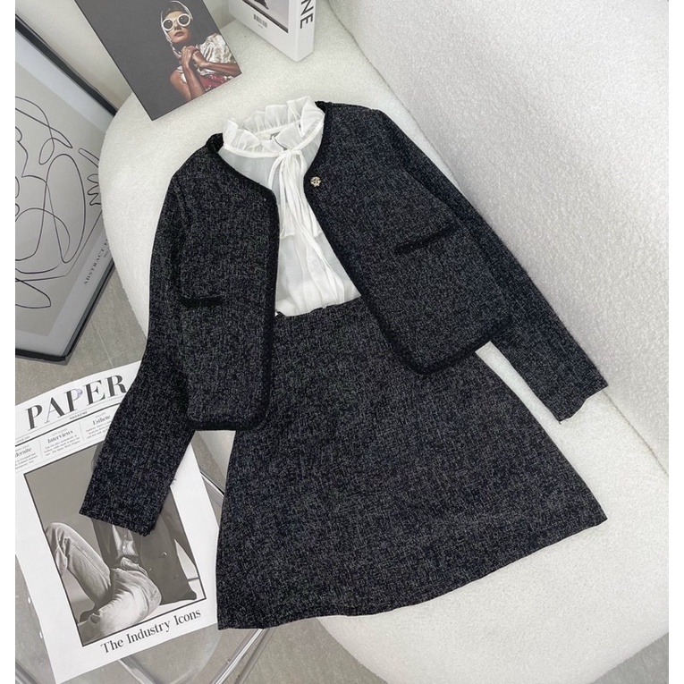 SET BỐ 3 MÓN DẠ: KHOAC DẠ + SƠ MI TRẮNG CỔ BÈO TAY LOE + CHÂN VÁY 🖤 | BigBuy360 - bigbuy360.vn