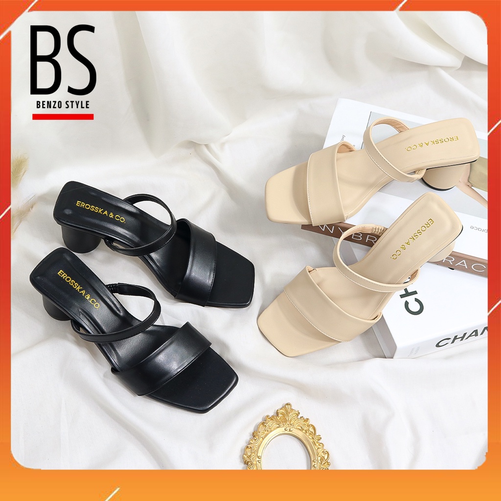 Giày Sandal Cao Gót Mũi Vuông Dây Bảng Phối Gót Tròn Cao 5cm Với 2 Màu Đen và Màu Kem