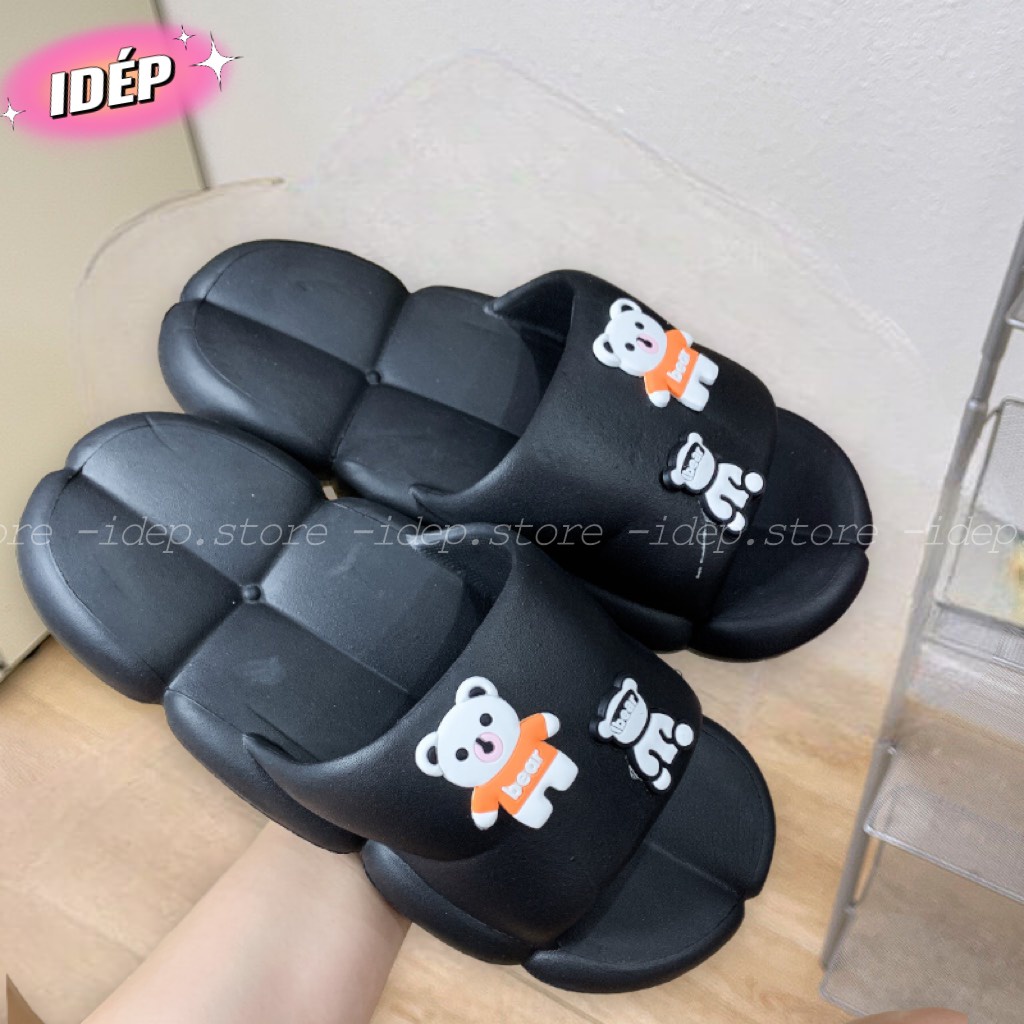 𝐢𝐃É𝐏 𝐃𝐋𝟐𝟕𝟕 Dép sâu, Dép nữ quai ngang gắn ticker gấu cute đế bánh mì đám mây cực êm