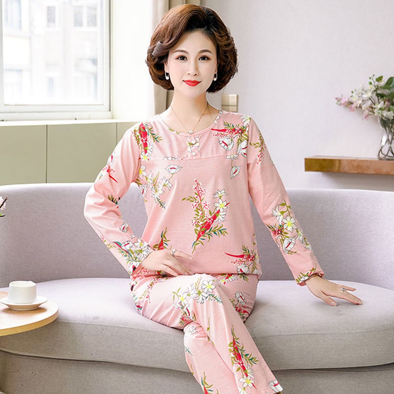 Đồ ngủ & Đồ mặc nhà☊┇▧Bộ đồ ngủ mùa xuân và thu bà mẹ trung niên cotton dài tay cho chồng già mặc ở nhà XL đô