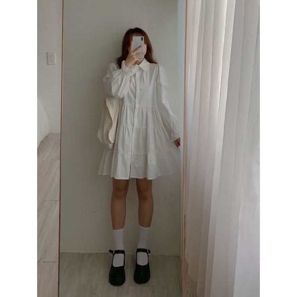 Đầm babydoll trắng cổ polo