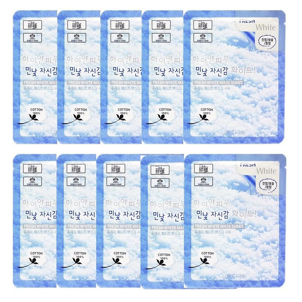 Bộ 10 Gói Mặt Nạ Tuyết Dưỡng Trắng Da 3W Clinic Fresh White Mask Sheet 23ml X 10