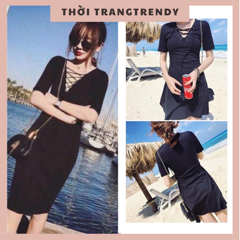 Đầm thun body nữ cổ V đan lưới form chuẩn tôn dáng xnh SP000261 Thời TrangTrendy
