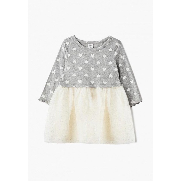 Váy thun tăm Baby Gap màu ghi hình tim trắng phối chân voan nhũ trắng