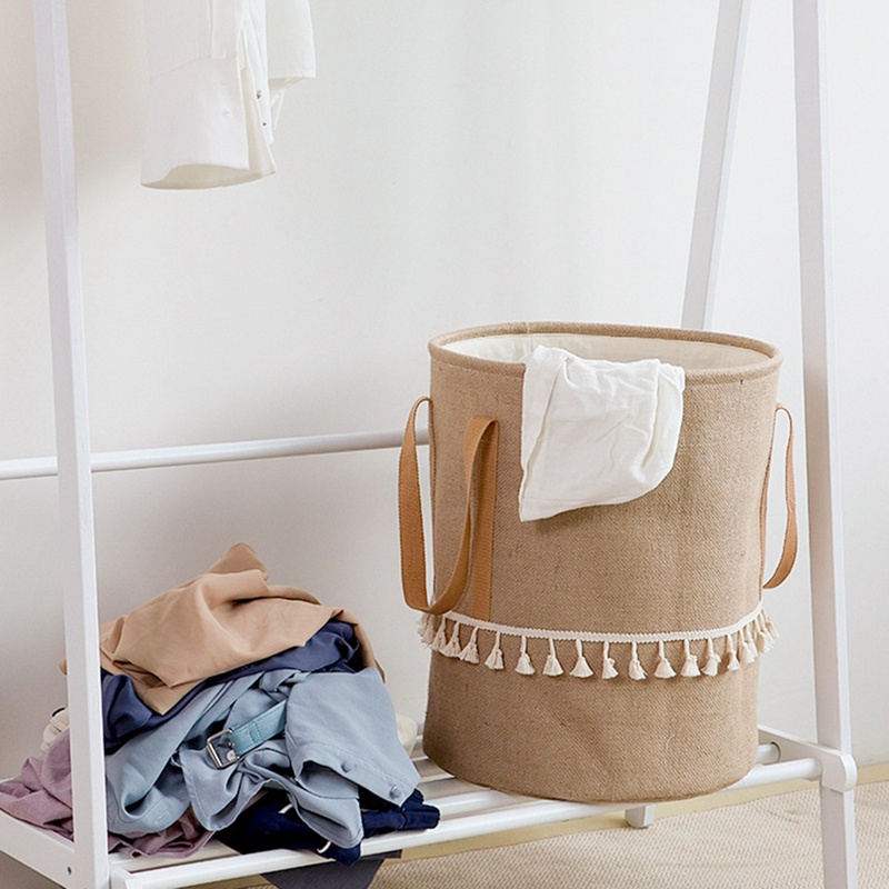 Giỏ Đựng Quần Áo Bẩn / Đồ Chơi Trẻ Em Bằng Sợi Đay Cotton Lanh Bện Gấp Được Màu Nâu