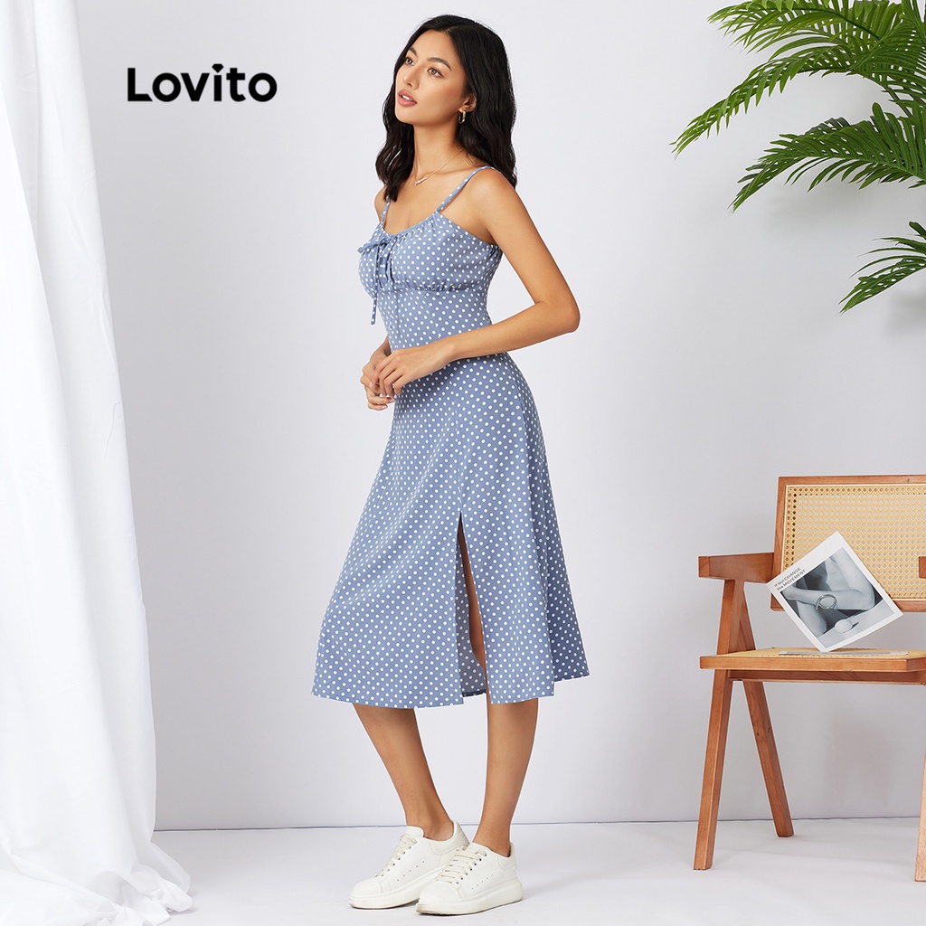 1221de-Lovito Thường xuyên Polka Dot Tie Split Front Spaghetti Straps Dress L21AS025 (Blue)