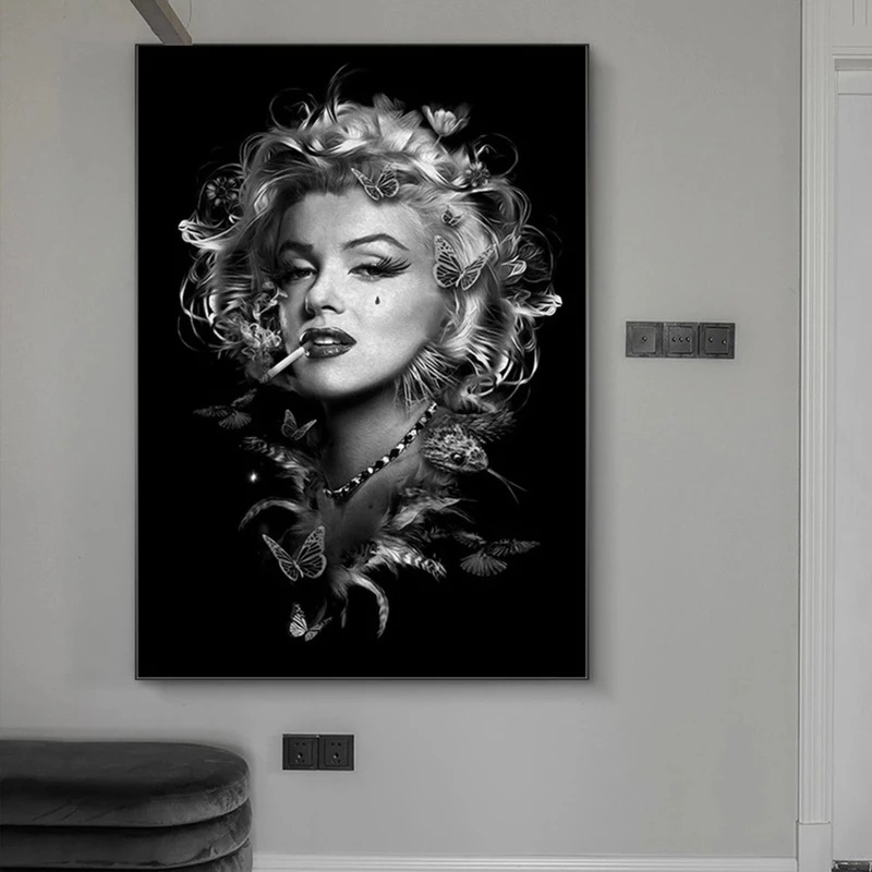 Tranh Vải Bạt Treo Tường In Hình Cô Gái Hút Thuốc marilyn monroe Trắng Đen Trang Trí Nhà Cửa
