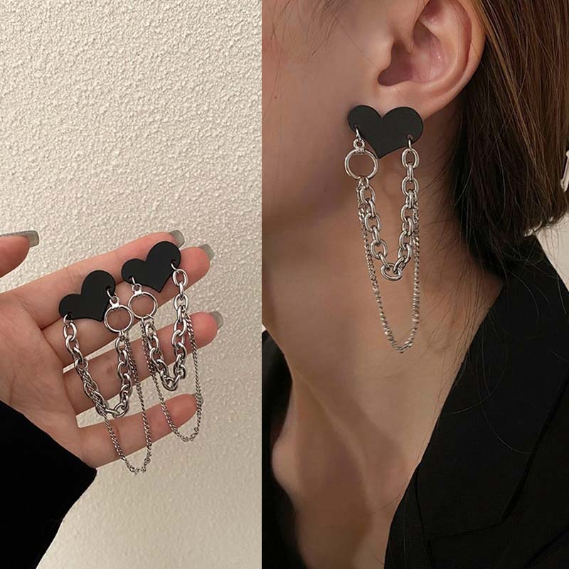 Bông Tai Mạ Bạc 925 Dáng Dài Hình Trái Tim Phối Dây Xích Đôi Màu Đen Phong Cách Cổ Điển Thời Trang Cho Nữ