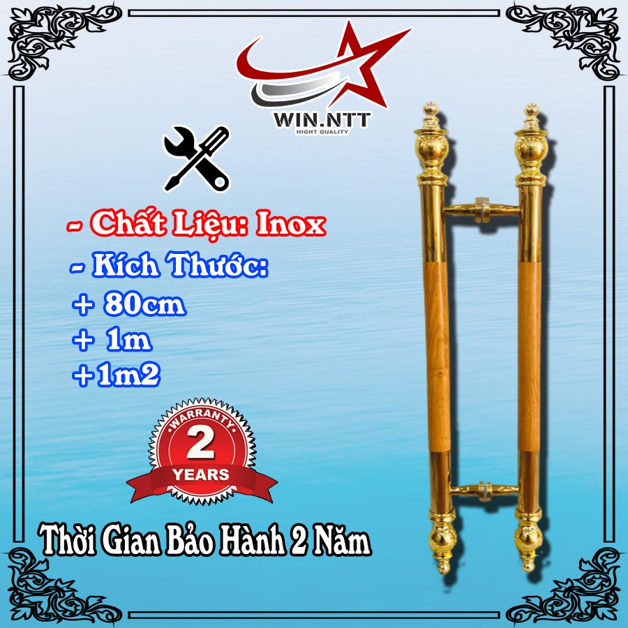 Tay Nắm Cửa Kính Cường Lực, Cửa Nhôm - Nắm Cửa Vàng Đầu Đèn Thân Gỗ.