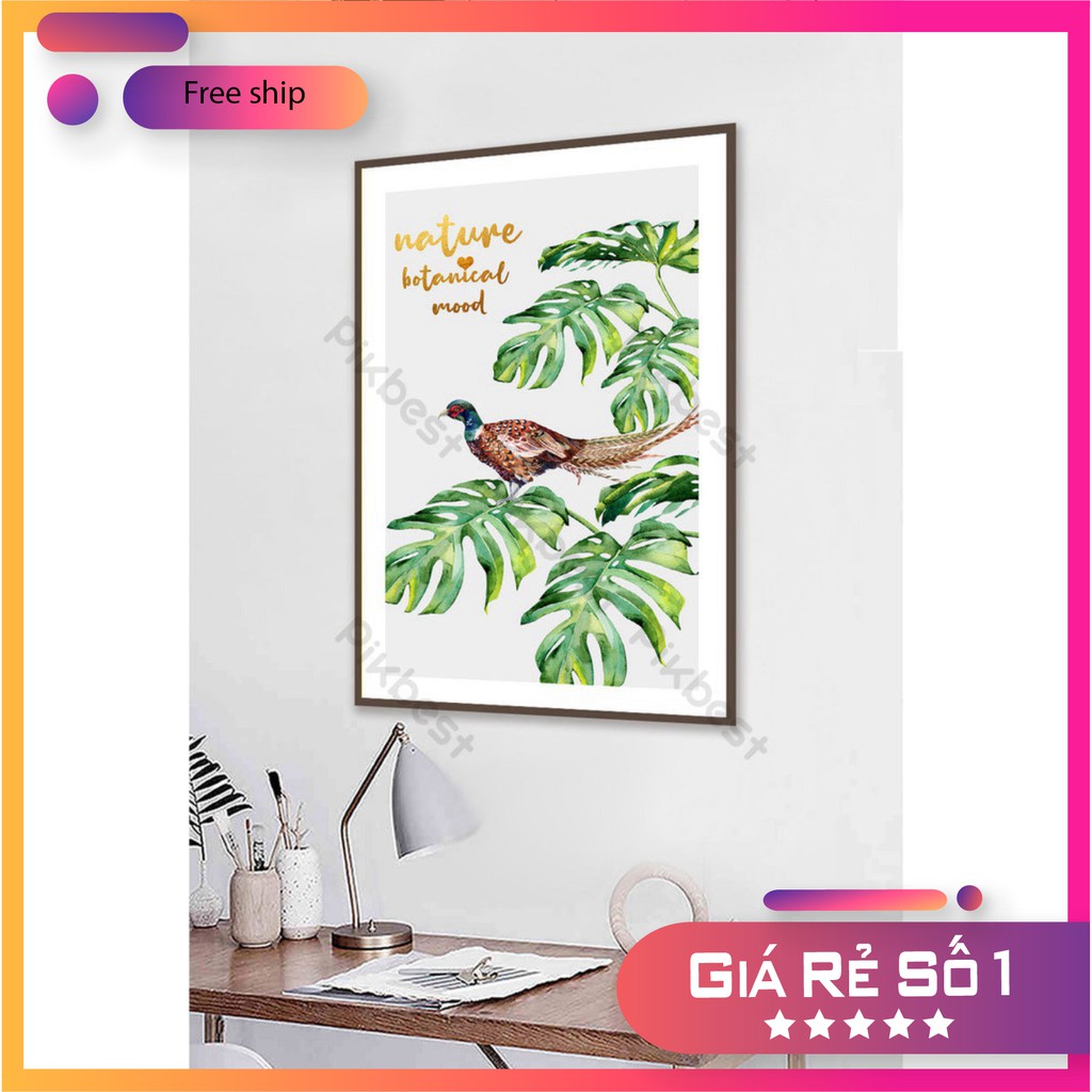 tranh treo tường hình chú chim đậu trên lá cây xanh giá rẻ [giá siêu rẻ]