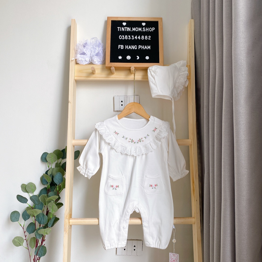 Set body đầy tháng/ thôi nôi cotton dài hoa thêu viền kèm mũ cho bé gái