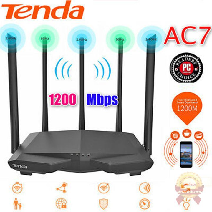 Router phát wifi Tenda AC7 5 râu xuyên tường 2 băng tần 2.4gHz 5gHz tốc độ 1200Mbps Có chức năng Repeater modem