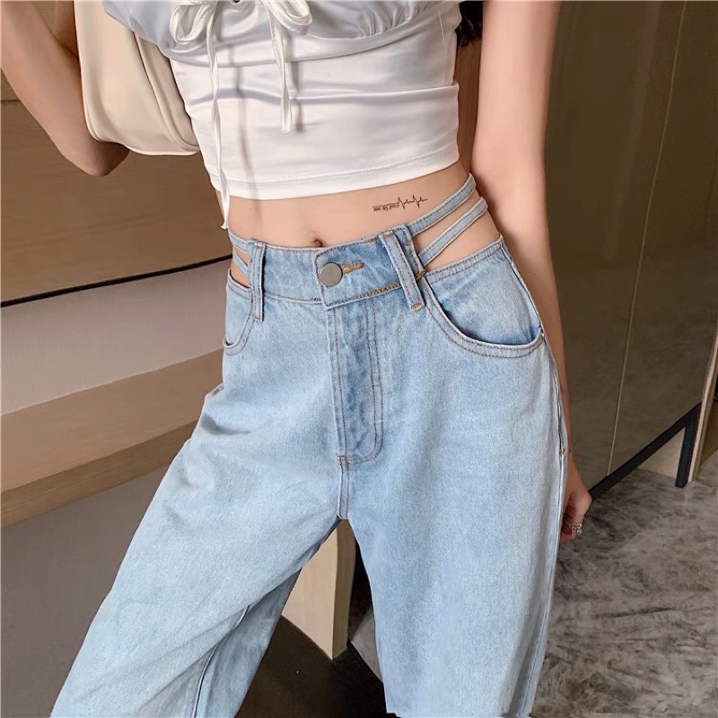 [ORDER-CÓ BIG SIZE] Quần bò jeans ống rộng cách điệu eo dây sexy Ulzzang eo cao tôn dáng siêu xinh ❤️