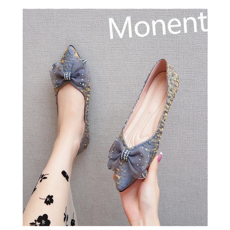 Giày Búp Bê Mũi Nhọn Đế Bằng Đính Nơ Ren Thời Trang Cho Nữ