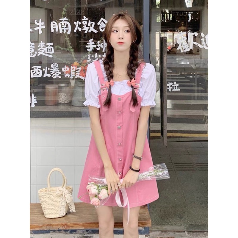 [Siêu giảm giá] Set yếm ulzzang màu hồng cá tính, dễ thương điều chỉnh được dây váy 08