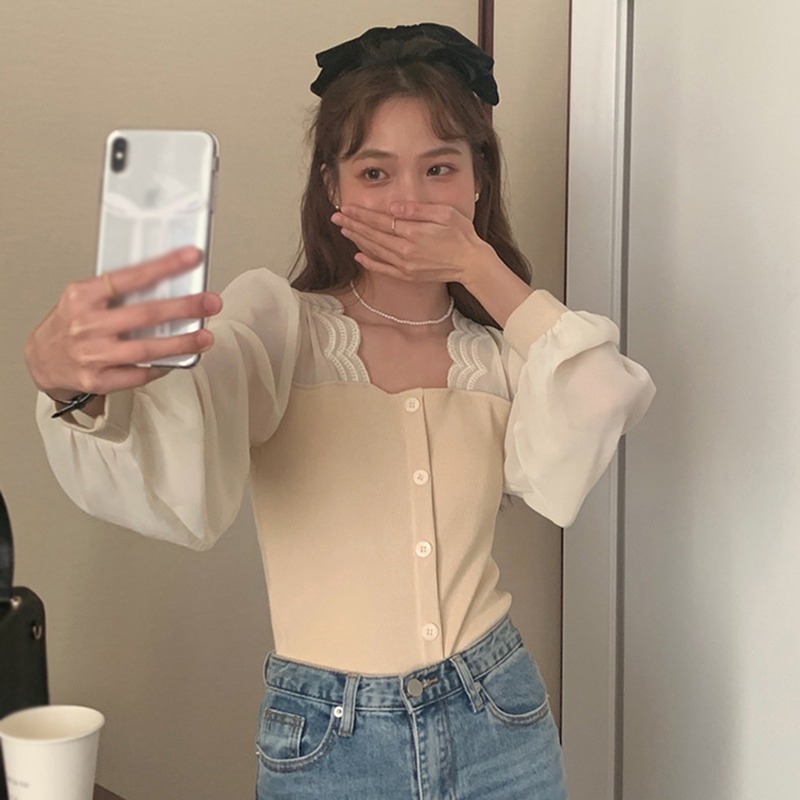Áo Dệt Kim Chui Đầu Cổ Vuông Tay Dài Dáng Ôm Kiểu Hàn Quốc Xinh Xắn Cho Bạn Gái