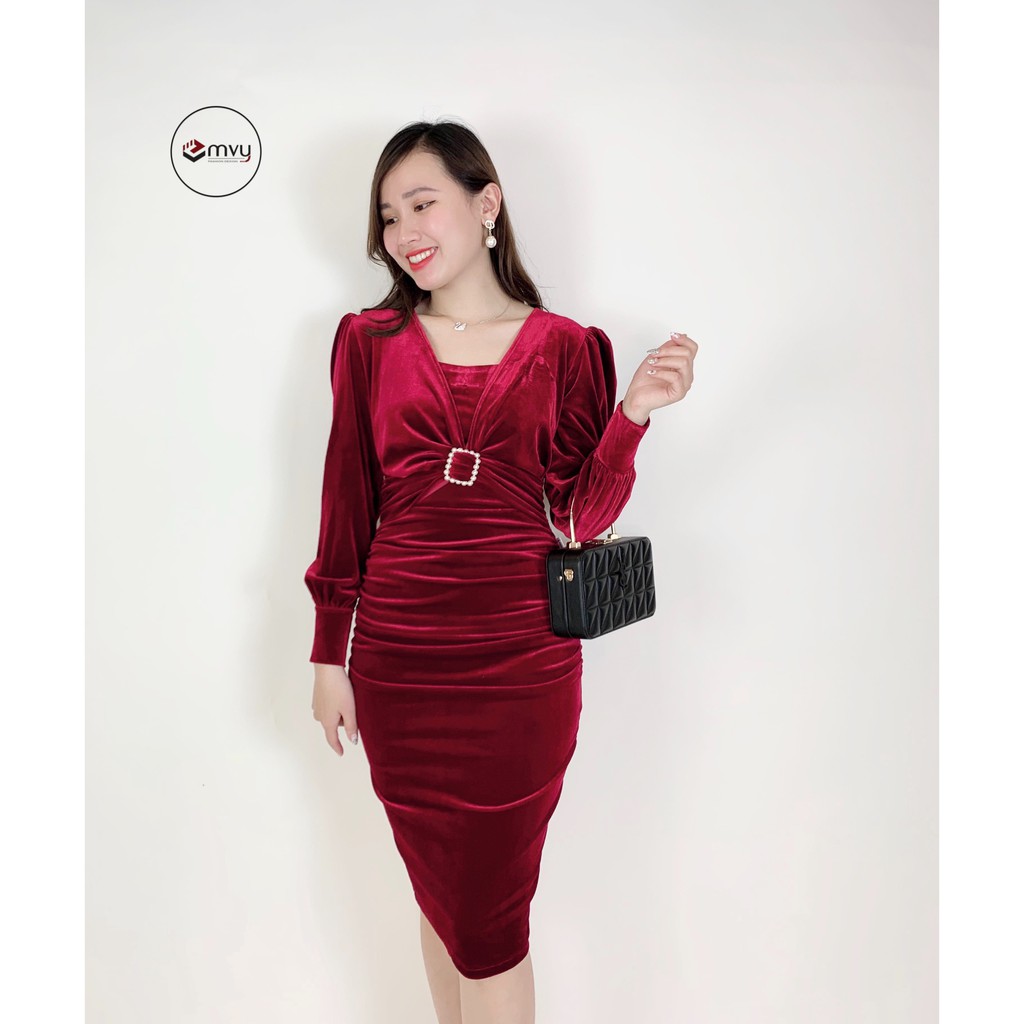 Đầm body nhung tuyết đai eo dài tay Emvy - K5 | BigBuy360 - bigbuy360.vn