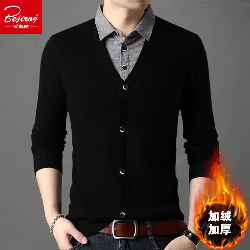 Áo len nam cổ tim phối chân cổ sơ mi lót lông hàng qc
