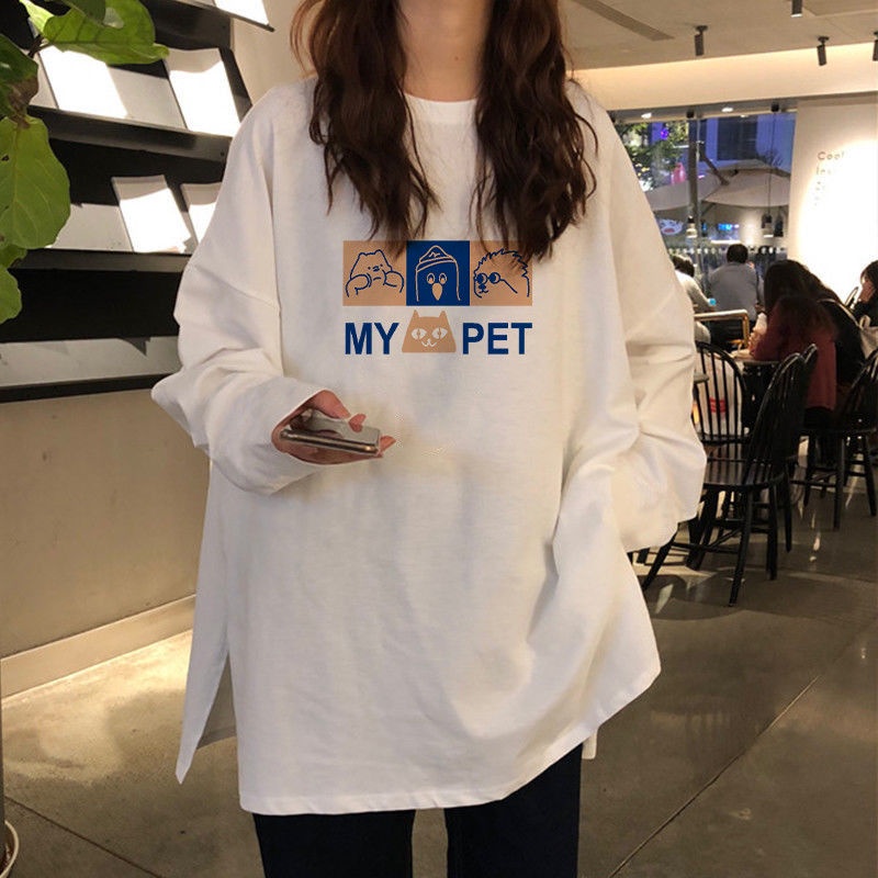 Áo Thun Cotton Tay Dài Dáng Rộng Màu Trắng Phong Cách Hàn Quốc Thời Trang Cho Nữ