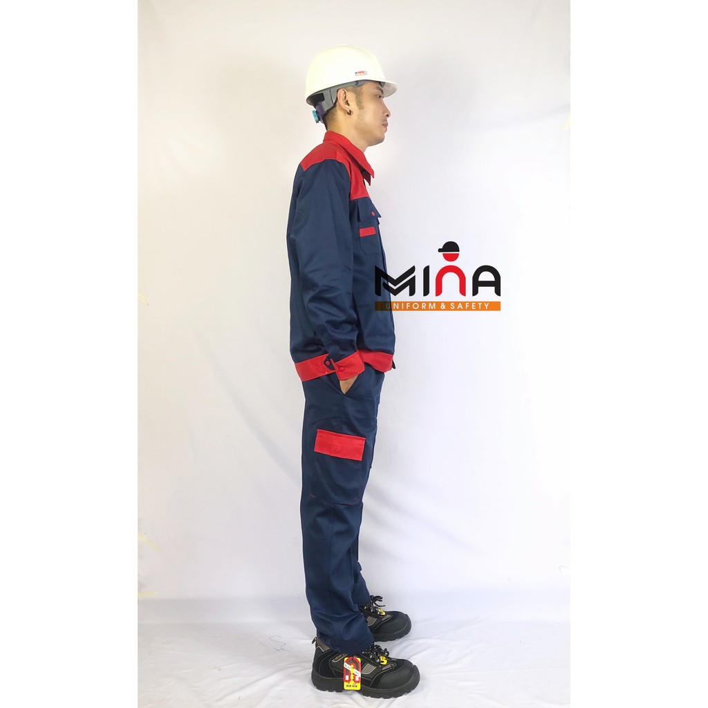 Quần áo bảo hộ lao động tím than phối đỏ kéo khóa - Vải Kaki V31 l