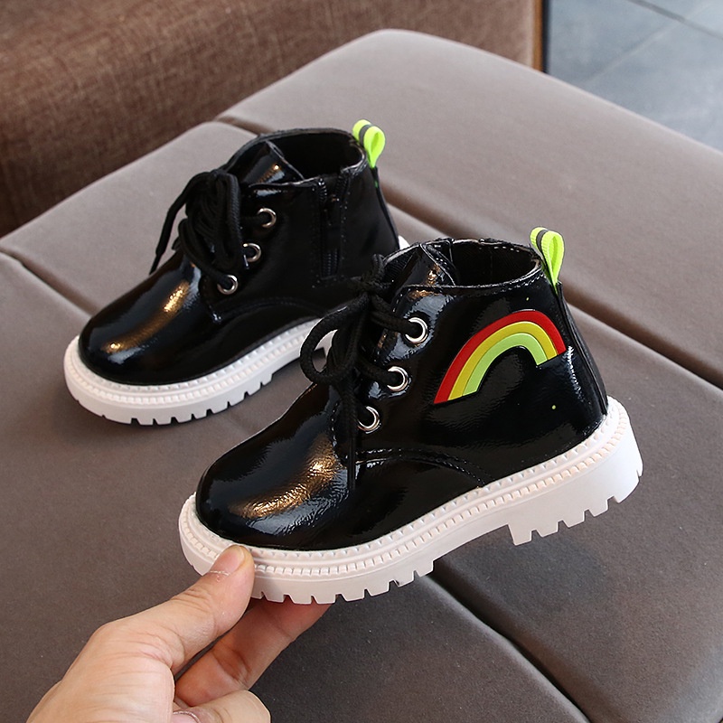 Girl Martin Boots Fashion Cute Rainbow Leather Shoes 1-6Yrs Kids Toddler Black Boots with Zipper