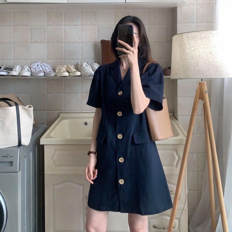 Đầm váy freesize suông xanh cổ sơ mi