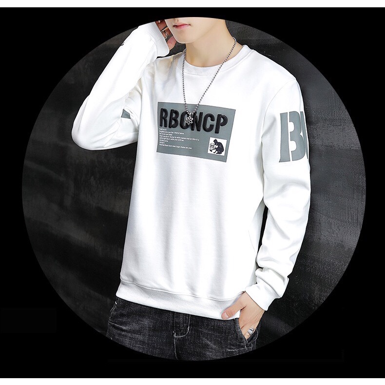Áo thun nam tay dài trắng họa tiết chữ RB trước ngực tay hàn quốc unisex thu đông cao cấp giá rẻ mềm mịn, co giãn tốt