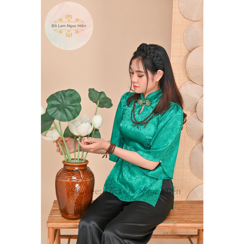 Đồ Lam Đi Chùa Mẫu Bà Ba Cách Tân Cổ Giọt Nước Tay Cánh Tiên Chất Liệu Gấm (QUẦN ĐEN)