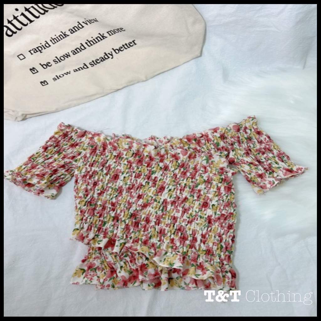 Áo croptop hoa nhún tay ngắn đắp chéo | Áo kiểu nữ Châu Âu 💃By 23t.shop | BigBuy360 - bigbuy360.vn