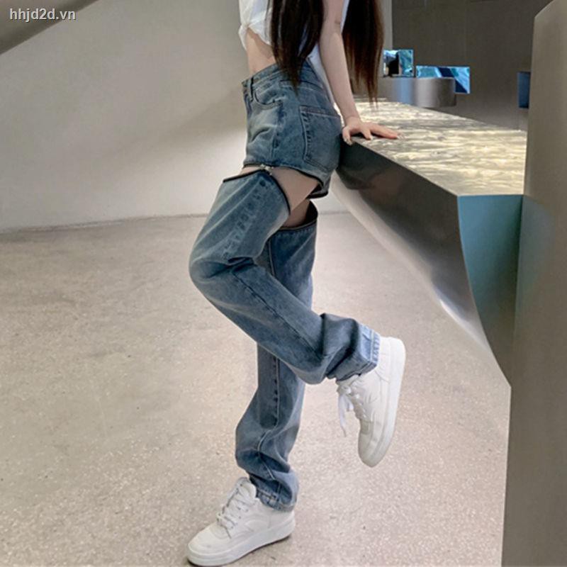 Quần jeans lưng cao dáng rộng thiết kế cắt xẻ và khóa kéo thời trang mùa hè năng động