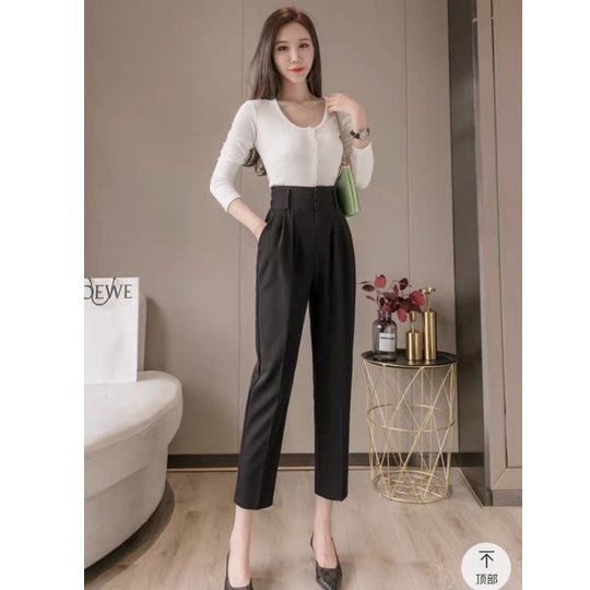 Quần baggy nữ cạp cao công sở dáng dài lưng cao màu đen vải mềm đi làm Quần tây nữ đi học ống đứng kèm đai nịt khóa kéo