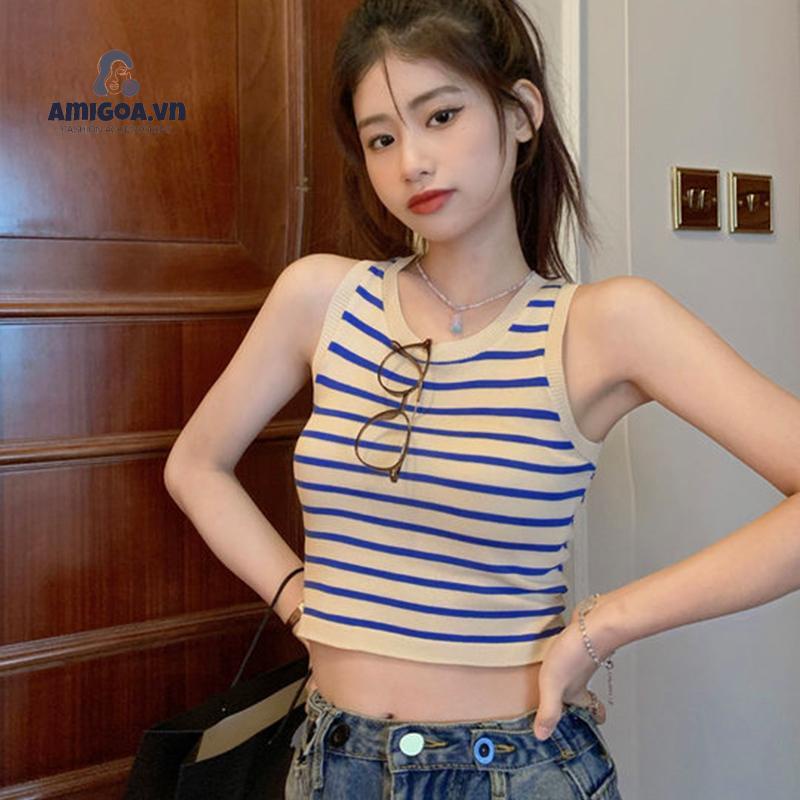 ✨✨ Áo Thể Thao Ngắn Cổ Tròn Kẻ Sọc Bên Trong Mặc Ngoài Cho Nữ