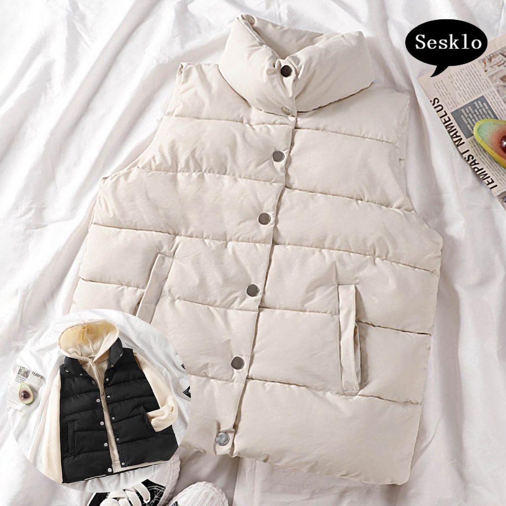 Áo khoác phao không tay phối túi và nút cài thời trang mùa thu và đông dành cho nữ | BigBuy360 - bigbuy360.vn