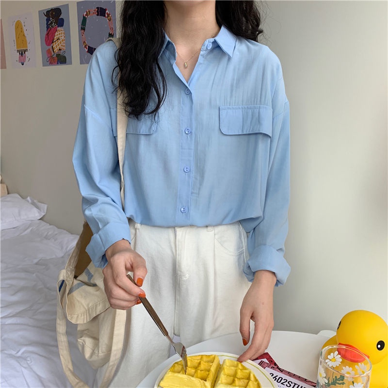 Áo Sơ Mi Nữ Dài Tay Cổ Bẻ Form Rộng Màu Trơn Thời Trang Hàn