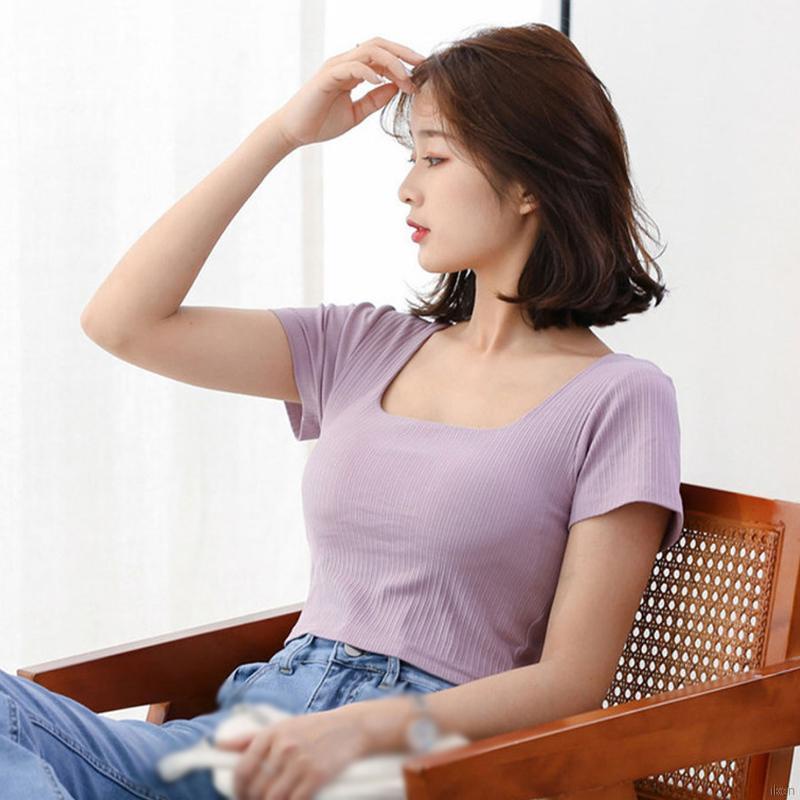 Áo Thun Tay Ngắn Cổ Vuông Có Miếng Đệm Ngực Thời Trang Cho Nữ